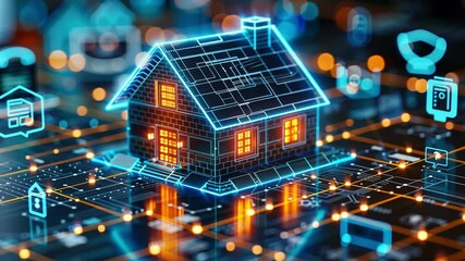 Poster - A digital model of a house is highlighted with bright, glowing windows, set against a backdrop of circuit board designs, symbolizing advancements in smart home technology.