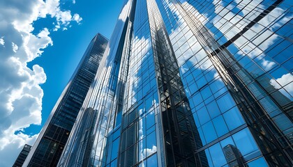 Wall Mural - Glossy glass facade of a towering skyscraper reflecting a clear blue sky and fluffy white clouds, creating a mesmerizing mirror effect