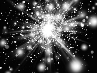 Fototapete - A striking display of silver particles explodes outward from a central point against a stark black background, evoking energy, movement, and high contrast.