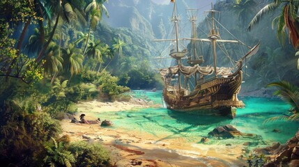 Wall Mural - Pirate Ship in Tropical Paradise