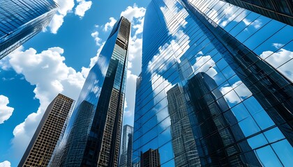 Wall Mural - Glossy glass facade of a towering skyscraper reflecting a clear blue sky and fluffy white clouds, creating a mesmerizing mirror effect