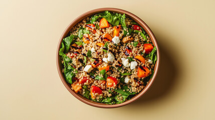 a quinoa salad bowl with roasted vegetables, feta cheese, and a drizzle of balsamic glaze against an isolated light olive background