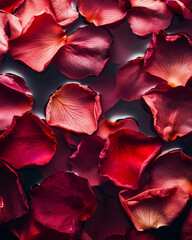 a high-contrast shot of dried rose petals placed on a glossy surface, with dramatic lighting creating reflections and highlights