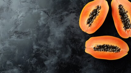 Wall Mural - Fresh, halved papaya with seeds on dark textured background