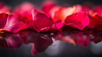 Wall Mural - a high-contrast shot of dried rose petals placed on a glossy surface, with dramatic lighting creating reflections and highlights