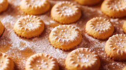 Freshly baked biscuits dusted with powdered sugar, perfect for a delightful snack or dessert setting.