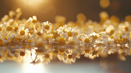 a high-contrast shot of dried chamomile flowers placed on a glossy surface, with dramatic lighting creating reflections and highlights