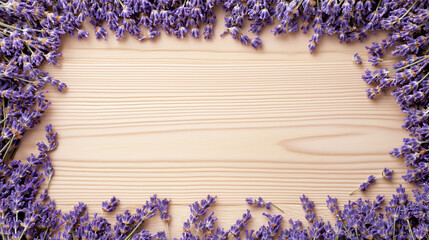 Wall Mural - lavender tea: a natural frame of dried lavender buds, scattered loosely around the edges on a light wooden surface