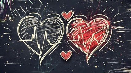 Poster - Two heart shapes, one black and one red, are illustrated on a textured black background. The hearts feature stylized pulsating lines, symbolizing love and connection in a unique way.