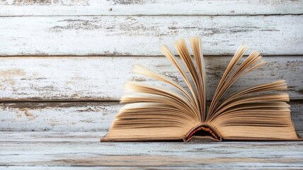 Open book with weathered pages on rustic white wooden surface