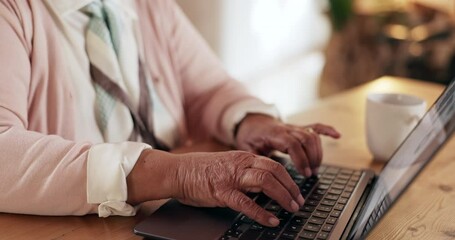 Wall Mural - Hands, typing and senior woman with laptop for connection, budget planning or networking on internet website. Computer, search and elderly person writing email, online chat or communication in home