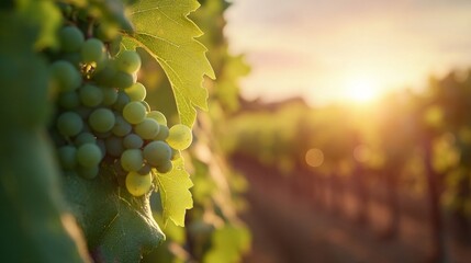 Wall Mural - Sunset Serenity in a Vineyard, warm golden light bathing tranquil vines, minimalist landscape, peaceful atmosphere, open space inviting reflection and calmness