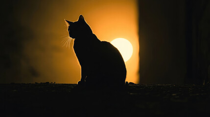 Wall Mural - A cat is sitting on a ledge in front of a sun