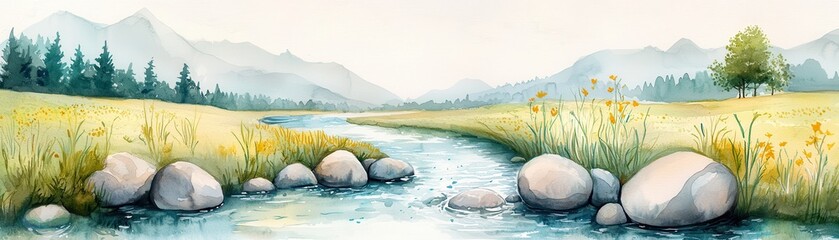 Canvas Print - Watercolor Painting of a Mountain River.