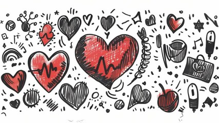 Poster - A vibrant collection of hand-drawn hearts and medical symbols intertwines in a playful design, merging themes of love and health through bright colors and artistic flair.