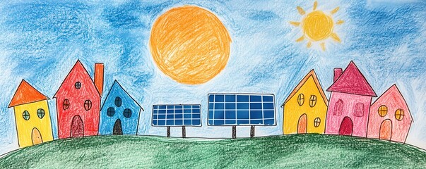 Poster - Child's Drawing of Solar Panels and Houses.