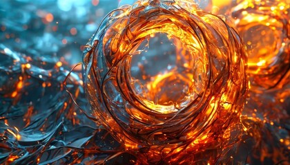 Wall Mural - A mesmerizing abstract artwork depicting a circular structure made of glowing orange and blue elements. The fiery energy contrasts with the cool tones, creating a captivating balance of warmth and