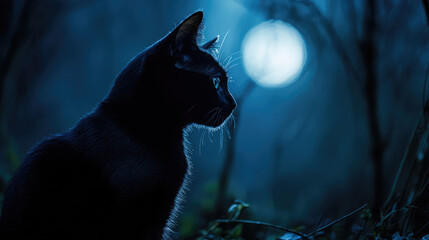 Wall Mural - A black cat is sitting in the dark woods, looking up at the moon