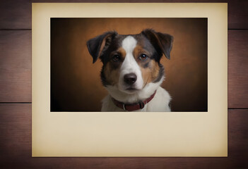 Framed portrait of a mixed-breed dog with a calm expression on a textured background
