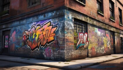 A vibrant street corner features colorful graffiti on a brick wall, showcasing urban art and creative expression in a bustling city.