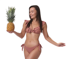 Canvas Print - Attractive woman in bikini with fresh pineapple on white background