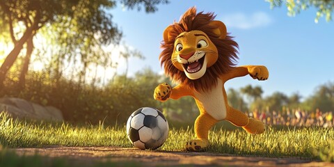 3D animated cartoon lion playing soccer -