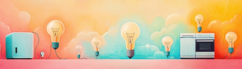 Wall Mural - Lightbulbs and Kitchen Appliances on a Colorful Background.