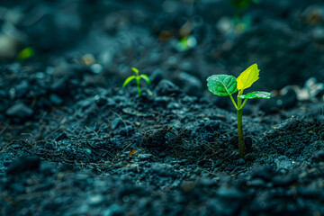 A small green plant seedling growing in rich soil. Concept of new life, growth, and sustainability. Ideal for illustrating concepts of rebirth, growth, and environmental conservation.