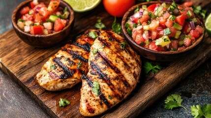 Grilled chicken served with fresh salsa and lime on a rustic wooden board, perfect for a healthy meal or recipe inspiration.