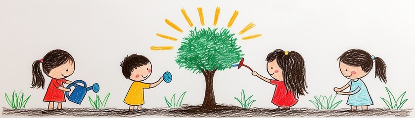 Sticker - Children Planting a Tree.