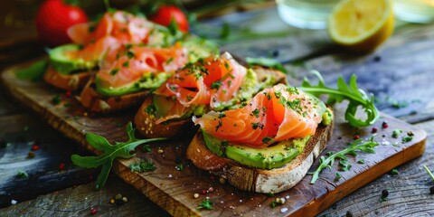 Poster - Tasty avocado and smoked salmon on toast resting on a rustic wood table.