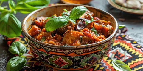 Poster - Vegetable stew featuring eggplant and topped with basil, served in an ornate bowl on a beautifully patterned tablecloth.