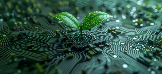 A green plant growing from a computer chip. Concept of technology and nature, sustainability, and eco-friendly technology. Perfect for articles, blog posts, and presentations about green tech.