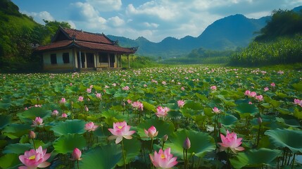 Poster - Tranquil Lotus Pond with a Traditional House