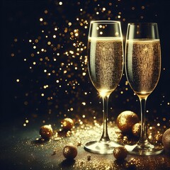 Two glasses of champagne with bubbles and a festive background of fireworks for a celebration during New Year's Eve or a holiday party