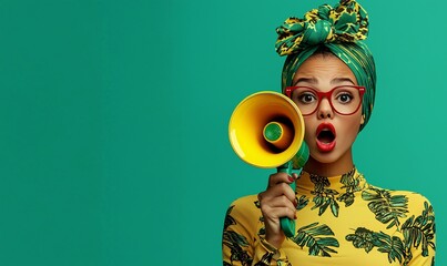 Wall Mural - Vibrant woman with megaphone against green background