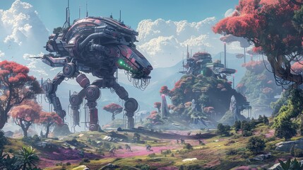 Poster - Futuristic Landscape with Giant Walker