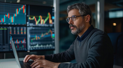 Poster - portrait of a businessman working on laptop computer for online trading sitting in modern office
