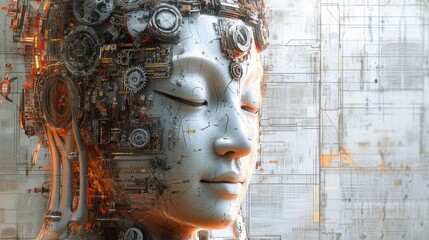 Wall Mural - A close-up of a futuristic Buddha statue with intricate gears and wiring.