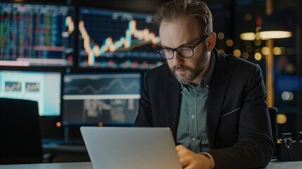 Poster - portrait of a businessman working on laptop computer for online trading sitting in modern office