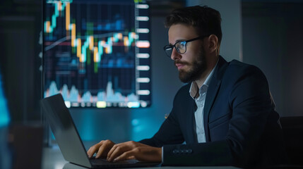 Poster - portrait of a businessman working on laptop computer for online trading sitting in modern office