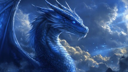 Illustration of a big blue dragon, HD wallpaper background. Ai generated image