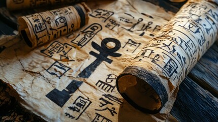 Ancient Egyptian scrolls with hieroglyphs and ankh symbol.