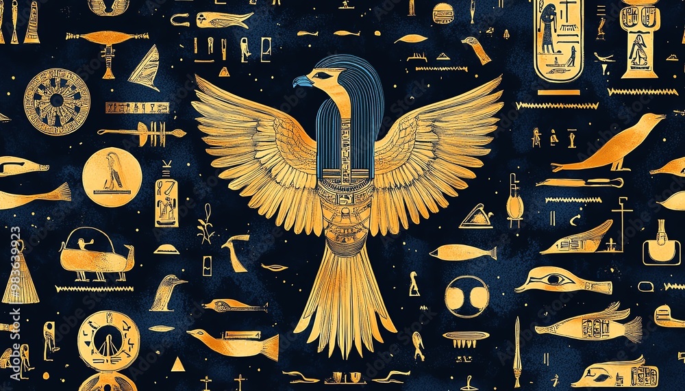 A seamless pattern for children featuring detailed Egyptian hieroglyphs ...