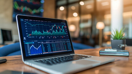 Poster - online trading business data statistics displayed on laptop screen on the table in modern office