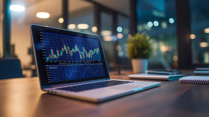 Poster - online trading business data statistics displayed on laptop screen on the table in modern office