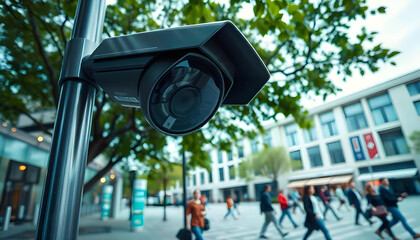 Security Camera Mounted on a Pole in a City Street