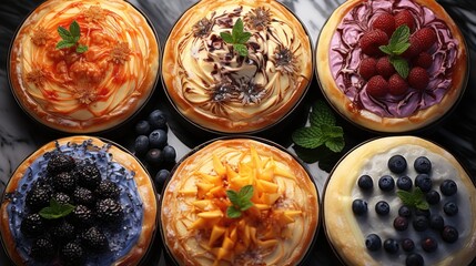 Sticker - Overhead shot of several different pies on a white marble table  