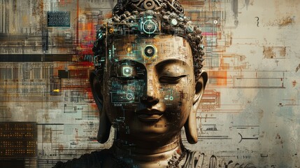 Wall Mural - Digital Buddha with Circuitry Overlay.