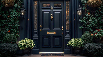 A dark blue front door with gold accents and greenery on either side. The door is framed by a white trim.